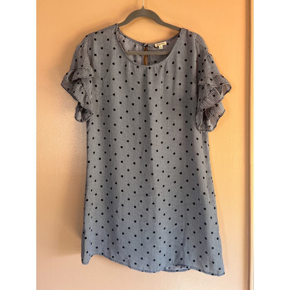 Lily White Women's Blue Gingham Polka Dot Tiered Ruffle Shift Mini Dress Size M